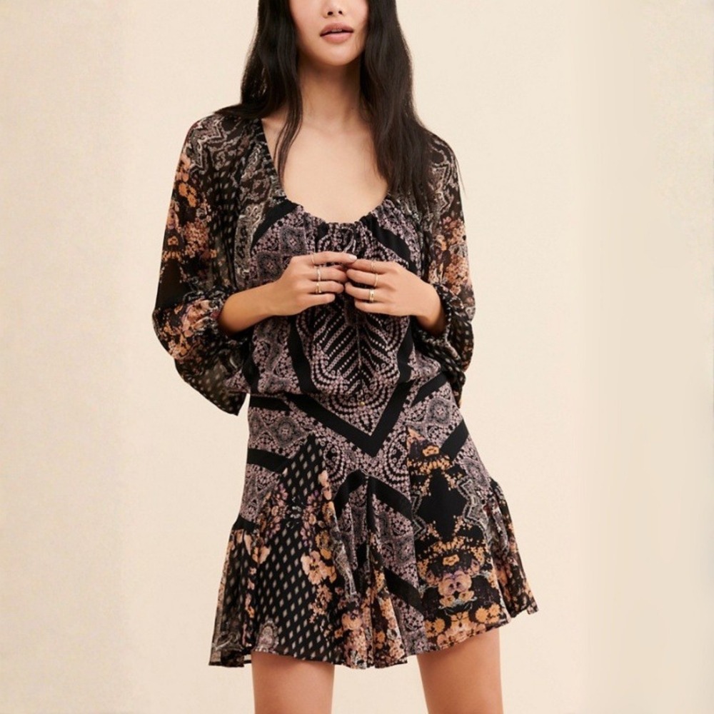 Free People Seven Wonders Mini Dress Black Paisley Boho Size Large NWT - Picture 10 of 10